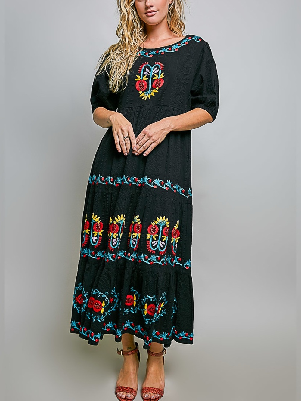 Puffed Sleeves Round Neck Embroidered
Cotton Long Dress - Picture 2 of 5
